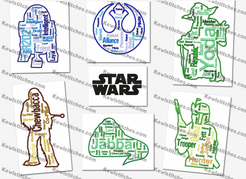 Star Wars Cloud Text Art Embroidery Designs Set 2 (5×7 hoops)