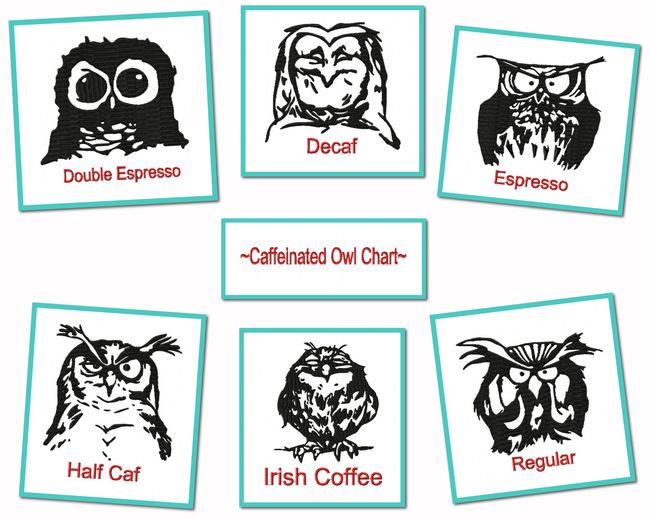 Caffeinated Owl Chart Embroidery Designs Set