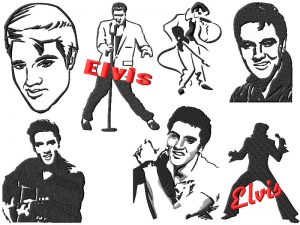 Elvis Embroidery Designs Set #2 This Elvis Embroidery Designs Set #2 includes 13 different designs in 2 sizes that will fit both 4x4 and 5x7 hoops for a tot