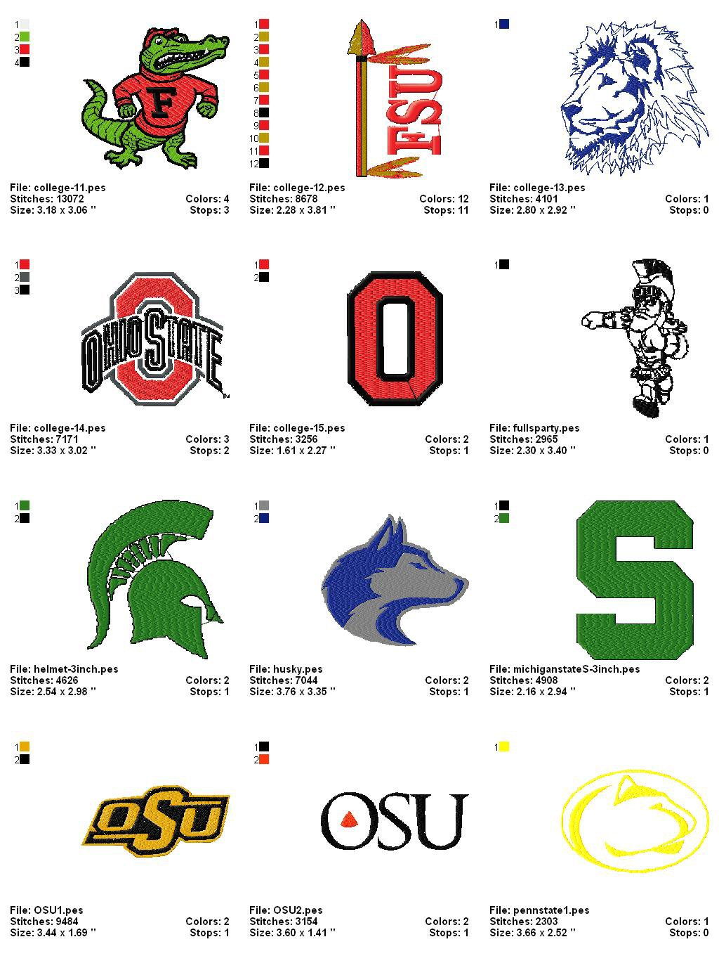 College (collegiate) Embroidery Designs Logos